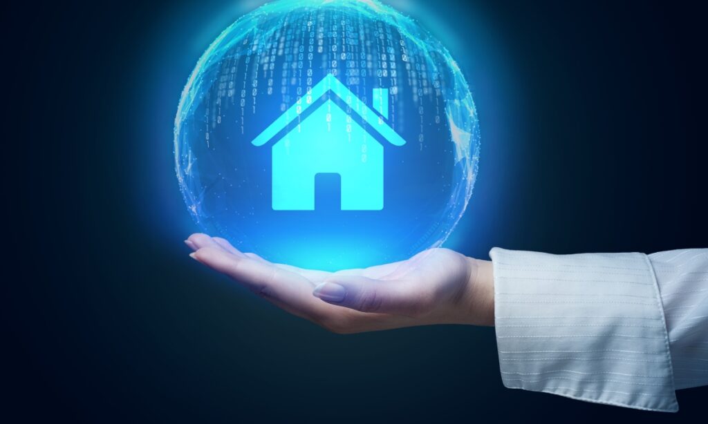 a person holding an orb with coding and a home symbol inside