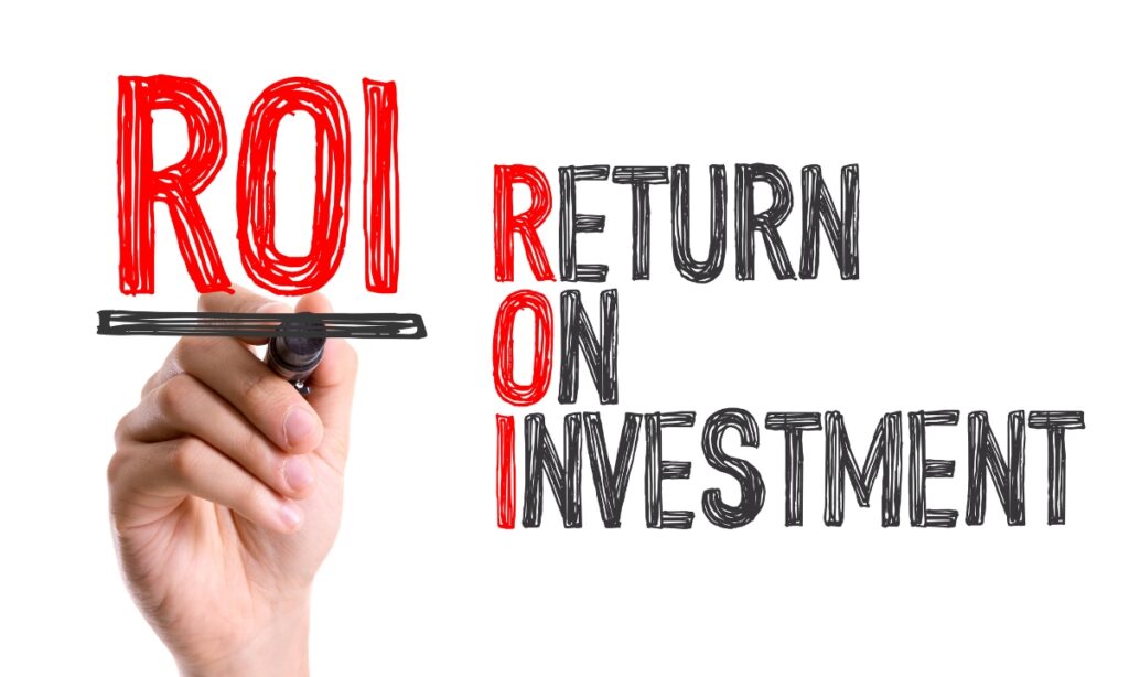 a hand drawing on a blackboard that says "ROI: Return On Investments"