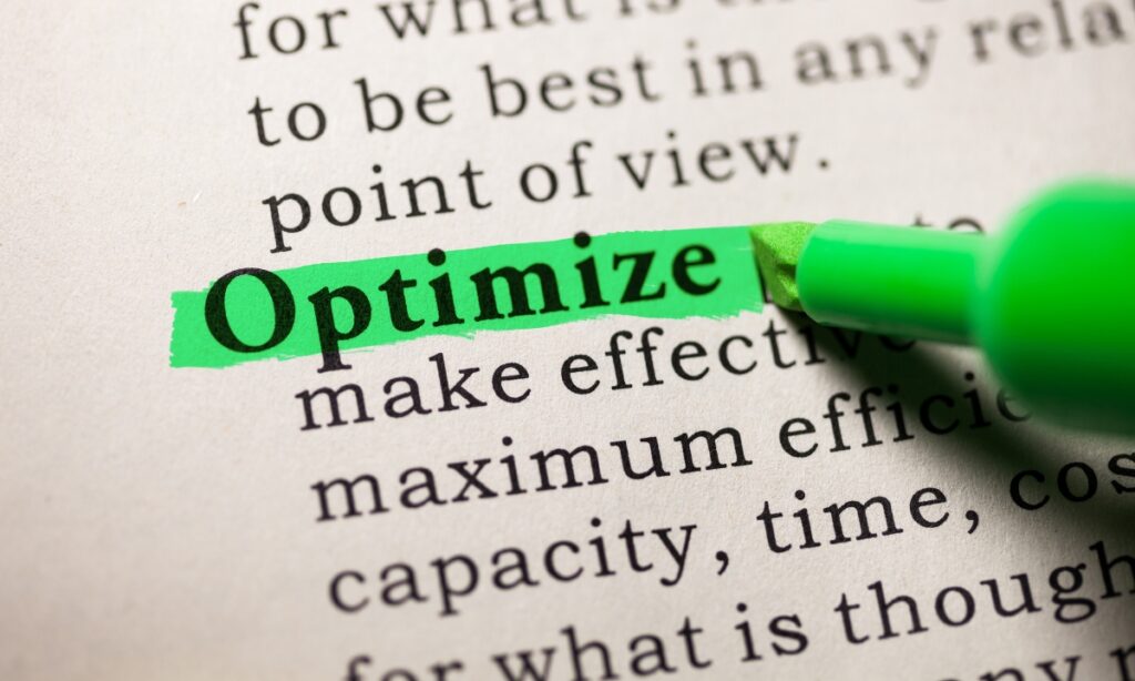 the dictionary definition of "optimize" where "optimize" is highlighted in green