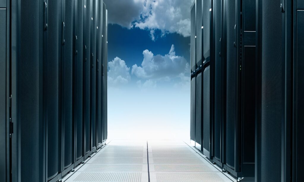 rows of servers with clouds and blue sky behind them