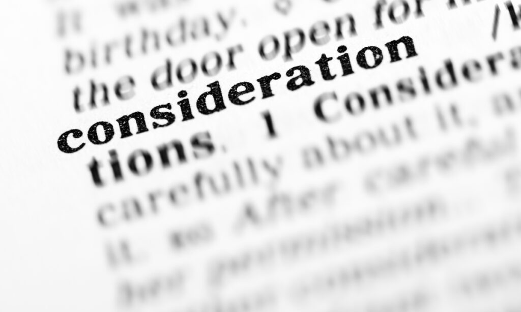 a blurred out dictionary definition of "consideration"