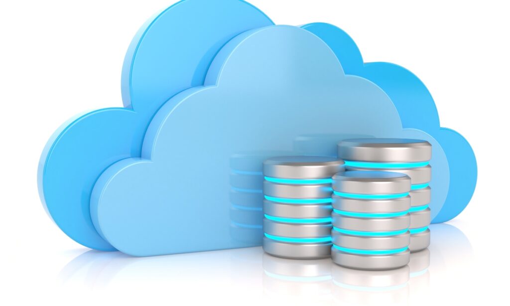 two blue cloud icons with cylinders in front of them