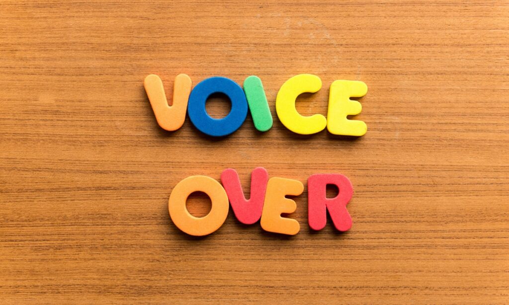 multi-colored children's foam letters spelling out "voice over"