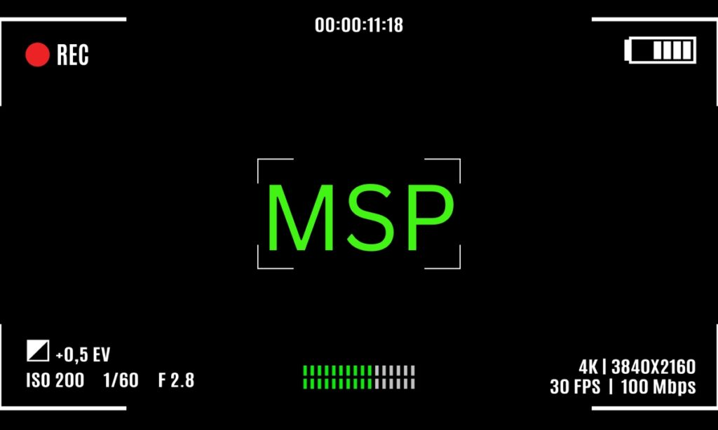 a black screen with little things like battery percentage, recording time, and recording symbol, mimicking a camera, with the letters "MSP" written