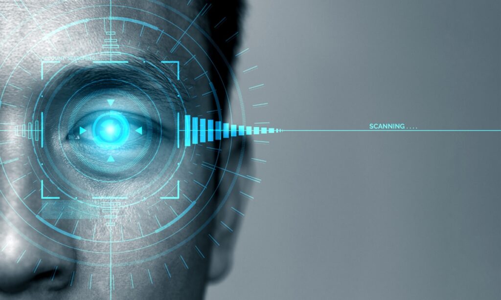 a man's face with a simulation of a retinal scan