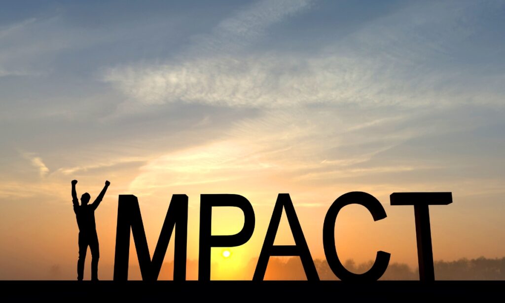 the word "impact" silhouetted against the sunset, except the "I" is a human