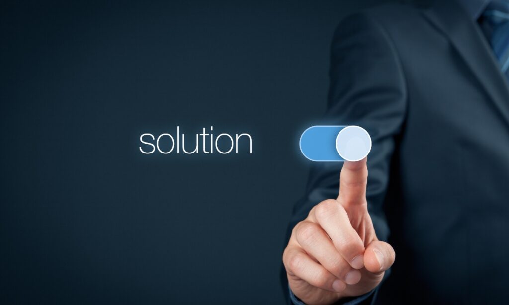 a person swiping a digital swipe bar that is next to the word "solution"