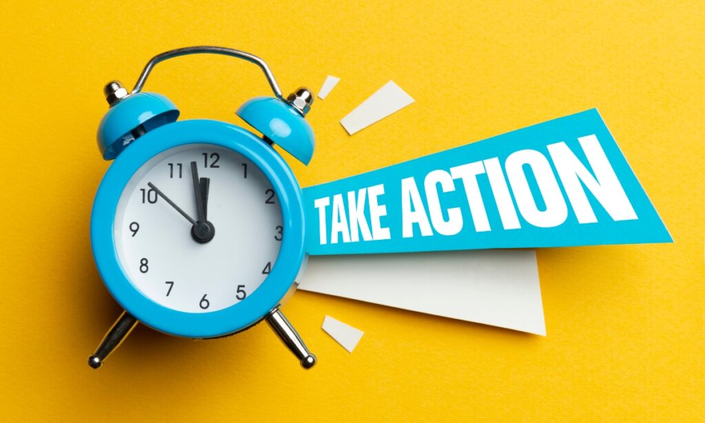 a small teal clock with banners coming off it that say "take action" 