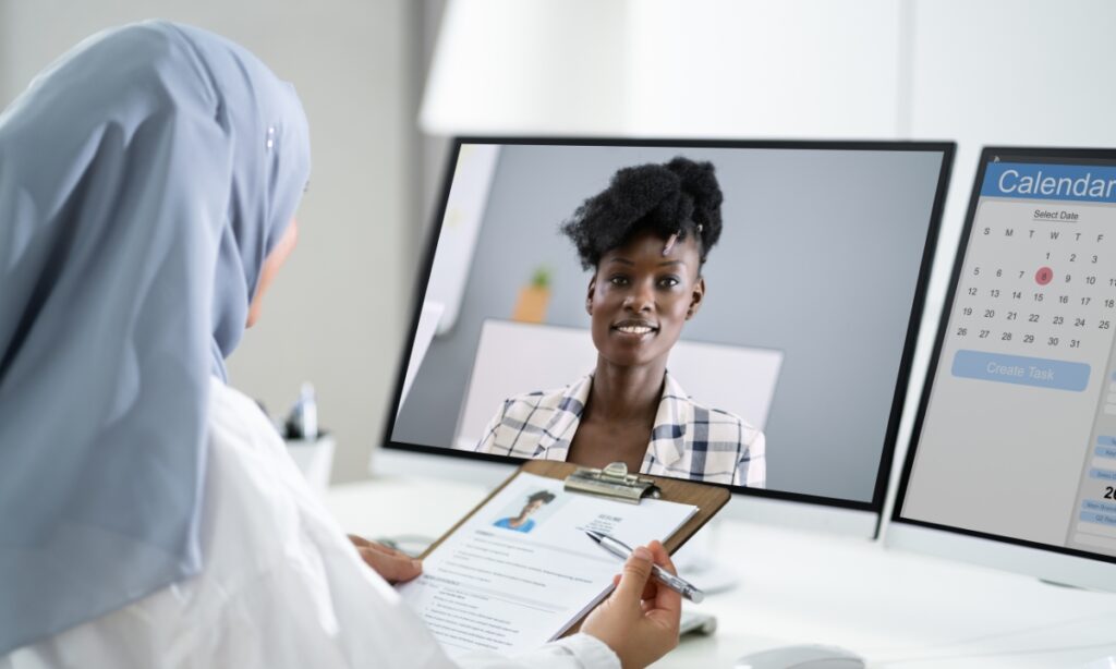 two women doing a virtual interview