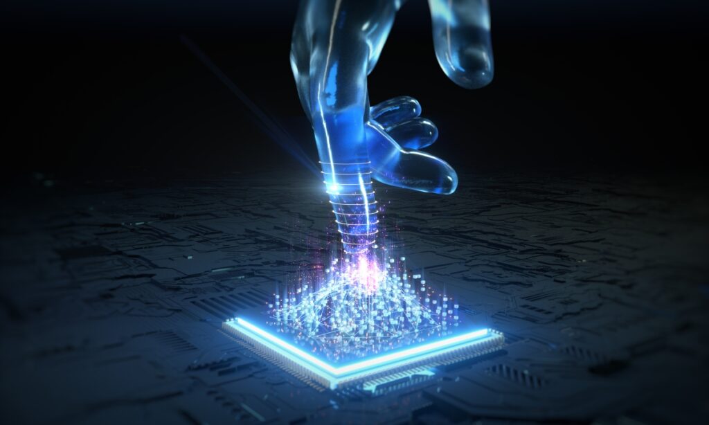 a translucent hand touching a motherboard and little holograms exploding from the point of contact