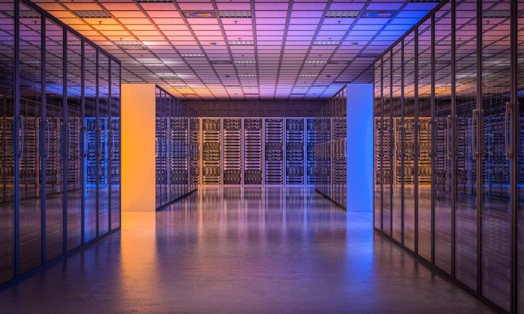 a server room with orange and blue lighting