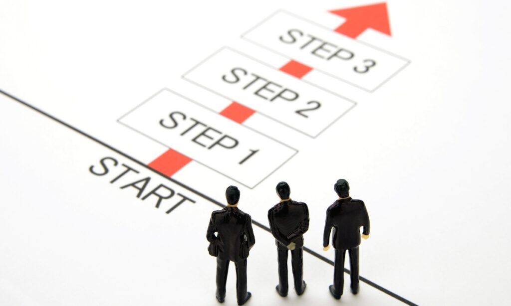 three small plastic individuals looking at  a piece of paper that says "start, step 1, step 2, step 3" all with a red arrow going through it