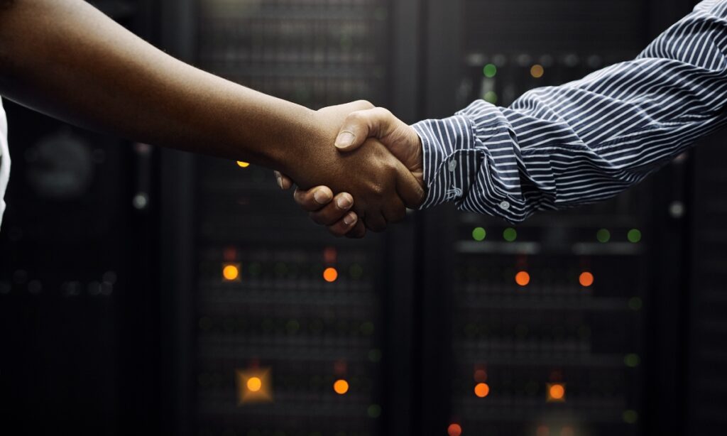 a handshake in a server room