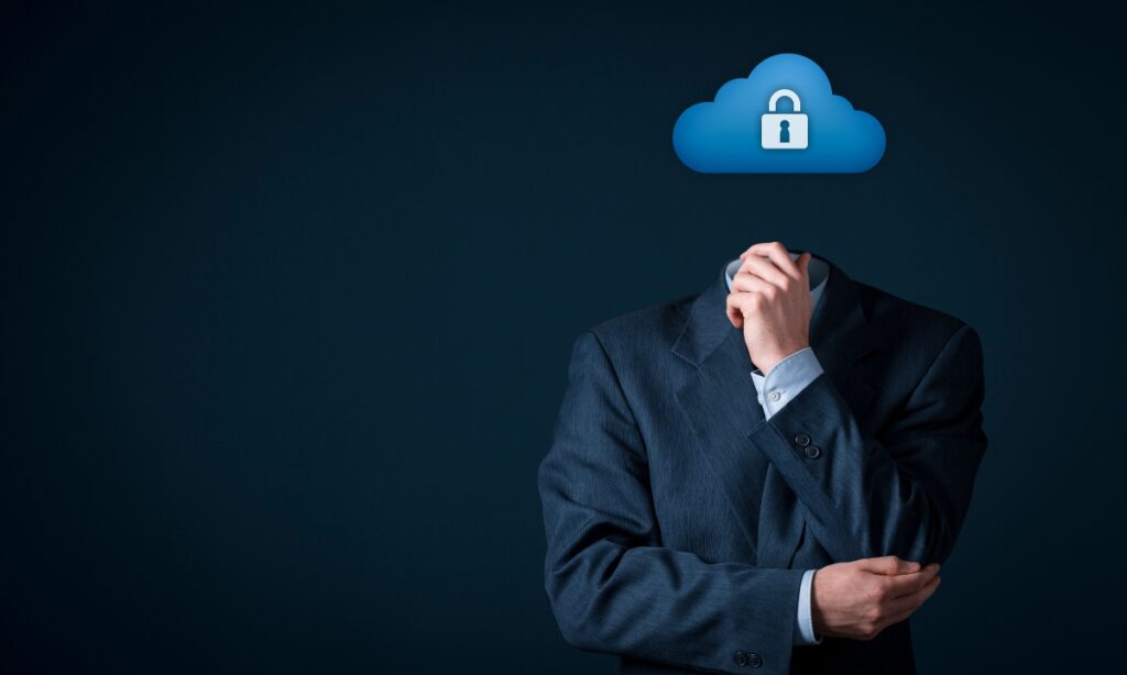 a man standing with his arms crossed and his hand by is chin, but instead of a head, he has a cloud with a padlock symbol on it