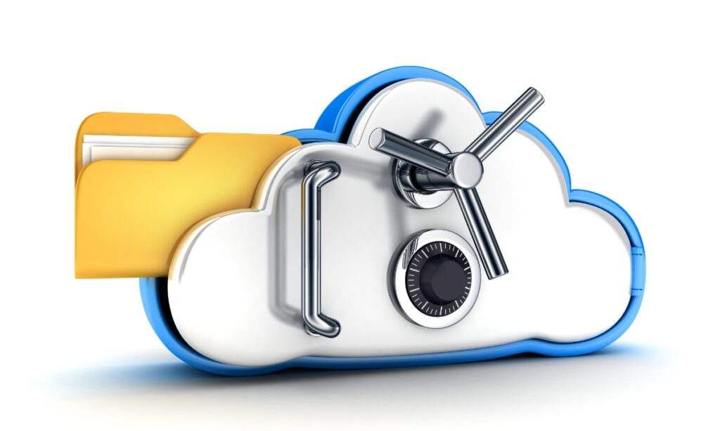 a cloud icon with something akin to a vault door on the back and a file sticking out