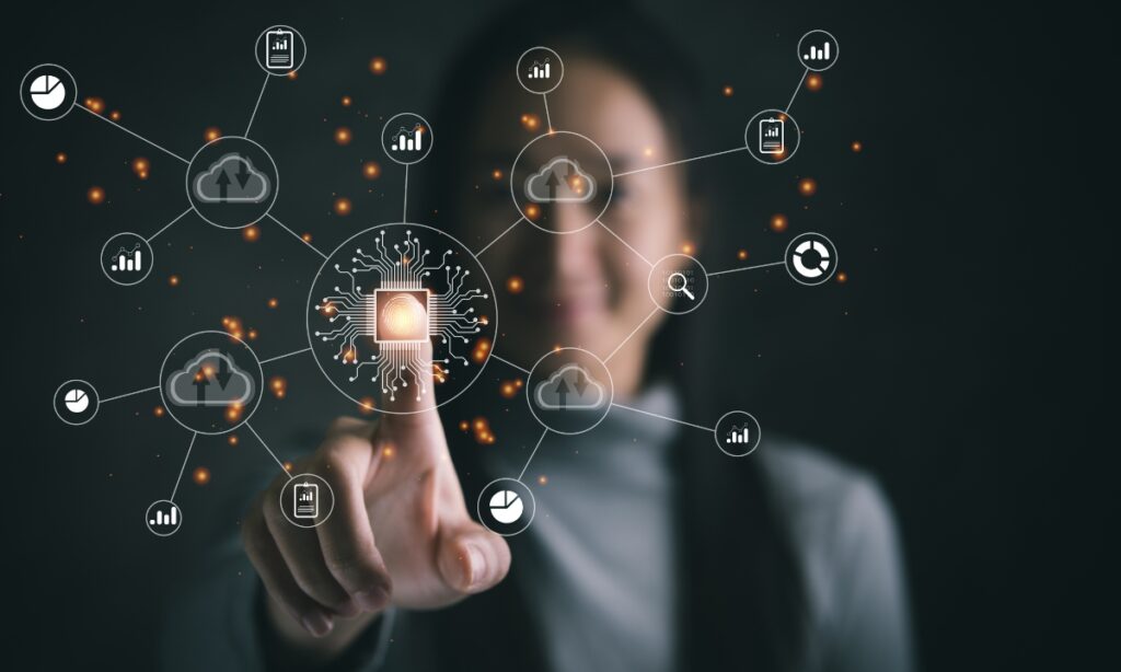 a woman pressing a fingerprint scanner with multiple computer icons surrounding it