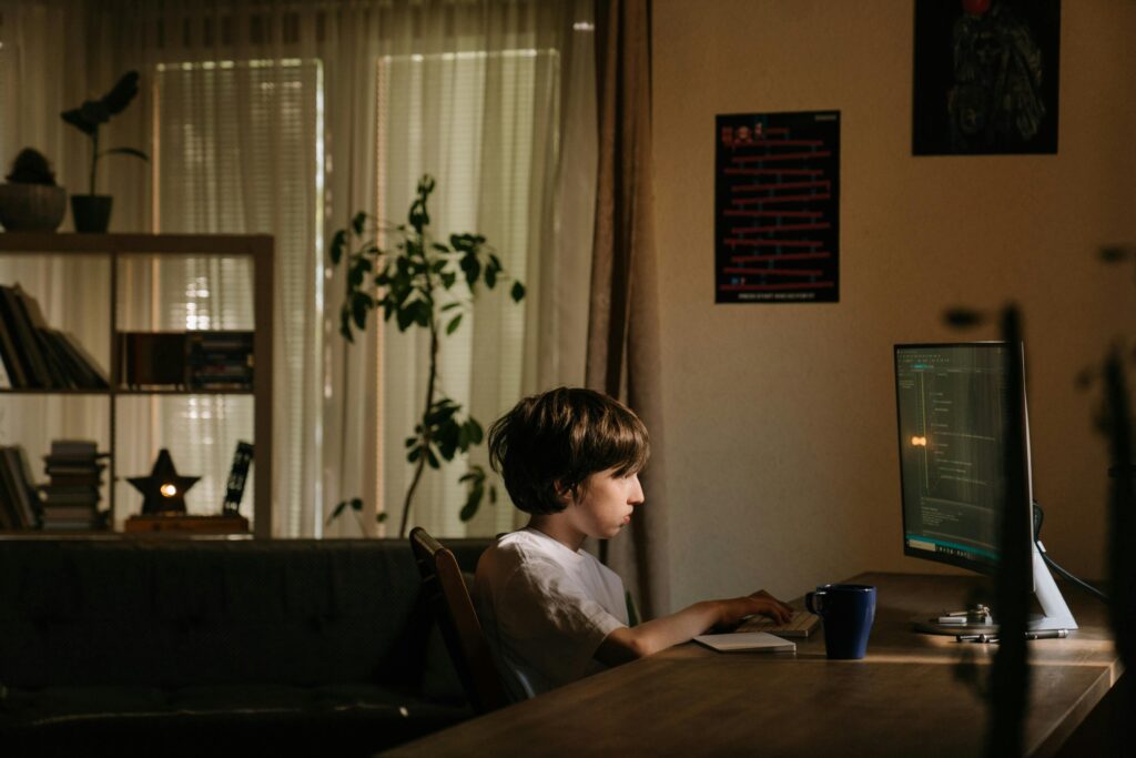 Boy in White T-shirt Using Laptop Computer
